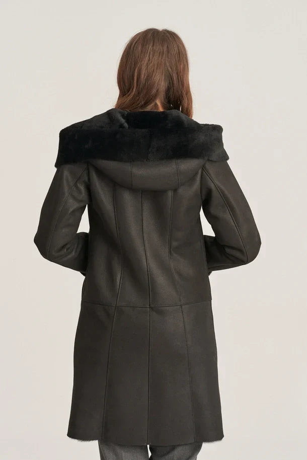 Sowachi Women's Shearling Black Leather Coat with Hood