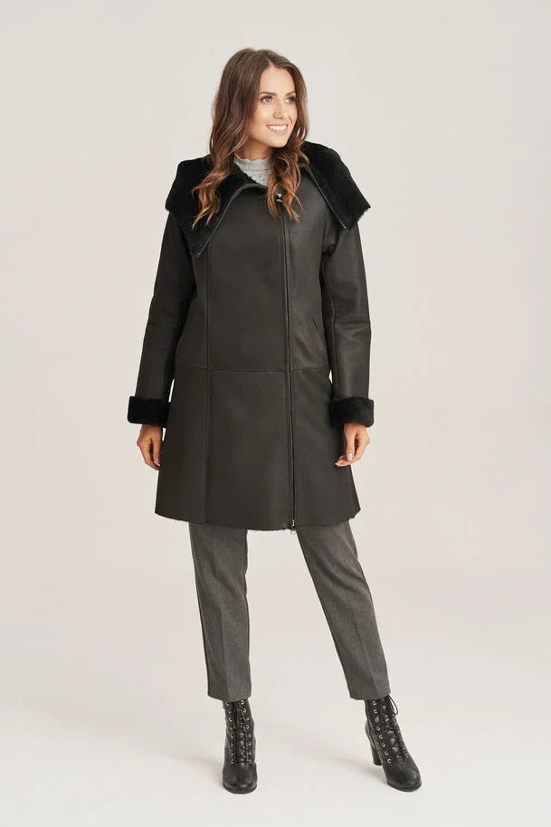 Sowachi Women's Shearling Black Leather Coat with Hood