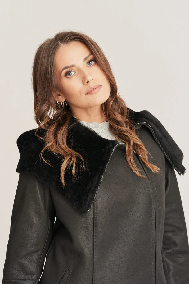 Sowachi Women's Shearling Black Leather Coat with Hood