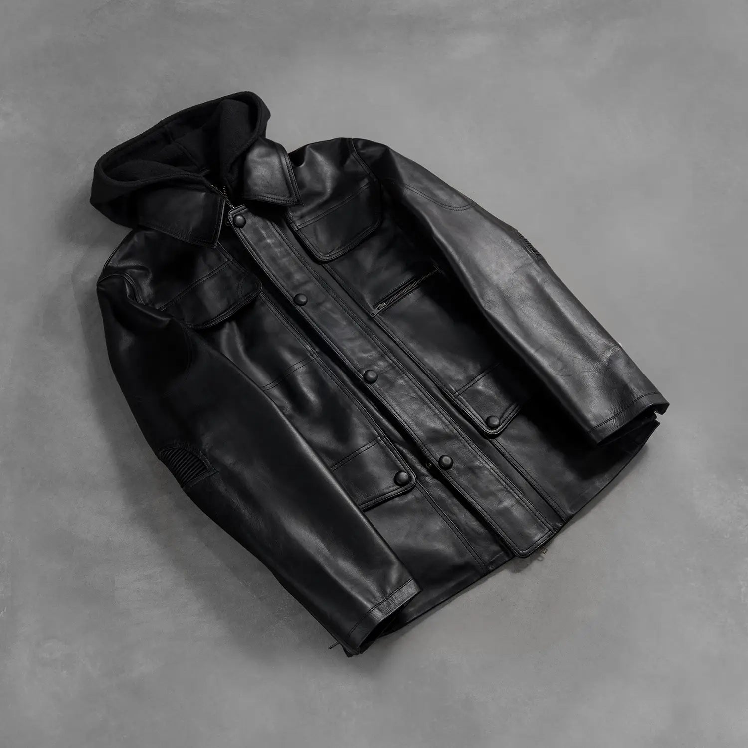 Sowachi [FS] Moulder Hooded Black Leather Jacket
