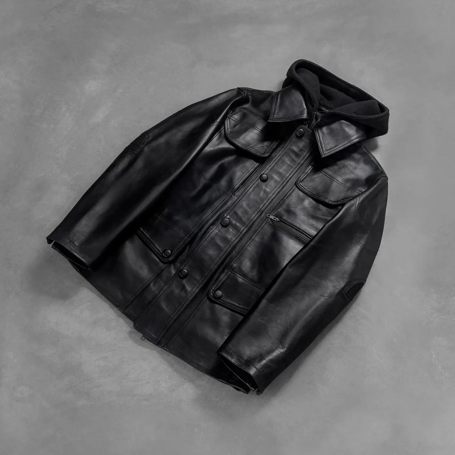 Sowachi [FS] Moulder Hooded Black Leather Jacket