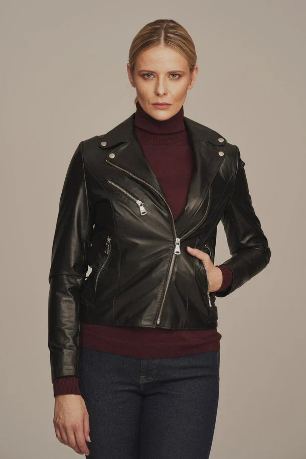 Sowachi Avelisse - Women's Leather Sheepskin Biker Jacket Black