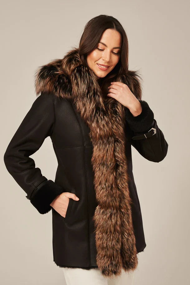 Sowachi Women's Black Shearling Coat with Fur Hood