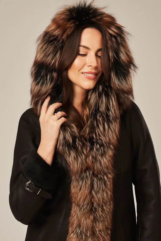 Sowachi Women's Black Shearling Coat with Fur Hood