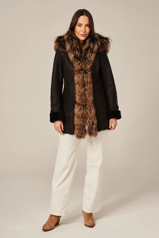 Sowachi Women's Black Shearling Coat with Fur Hood