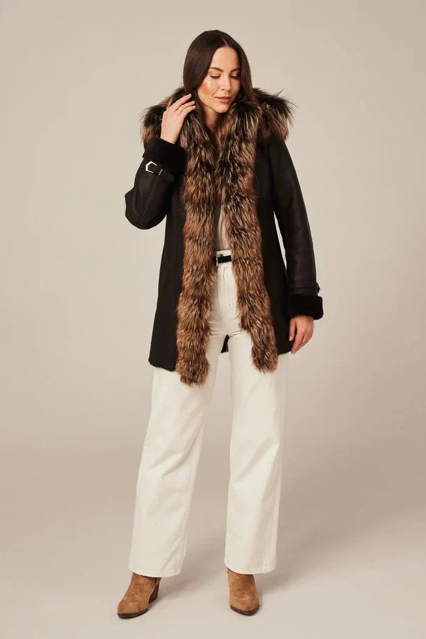 Sowachi Women's Black Shearling Coat with Fur Hood