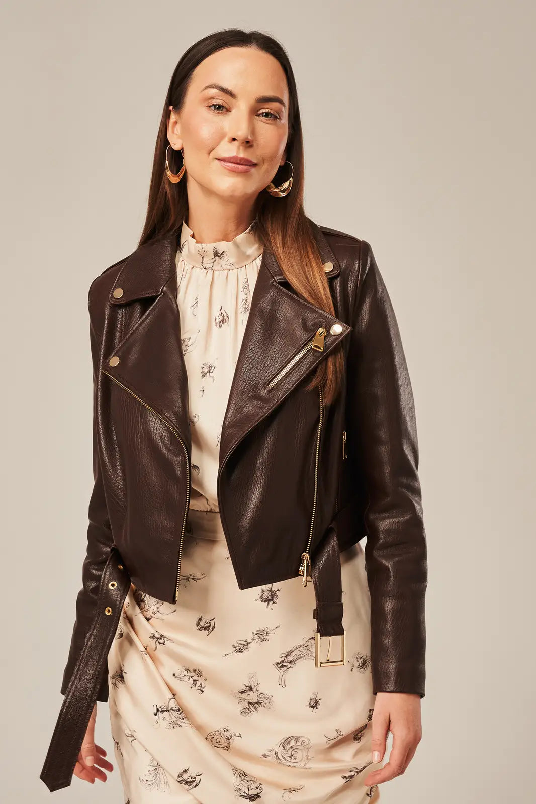Sowachi Women's Sheepskin Leather Brown Biker Jacket