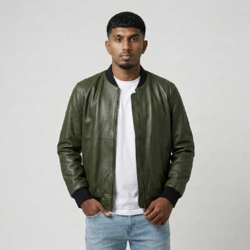 Sowachi Olive Sheepskin Leather Bomber Style Jacket For Men