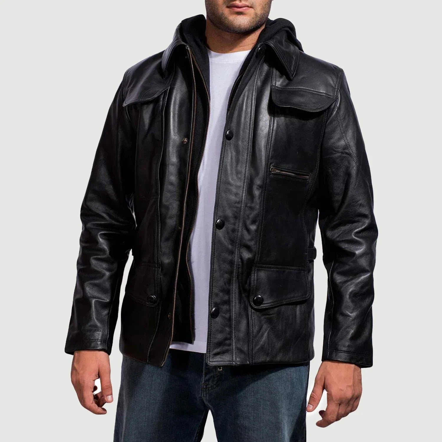 Sowachi [FS] Moulder Hooded Black Leather Jacket
