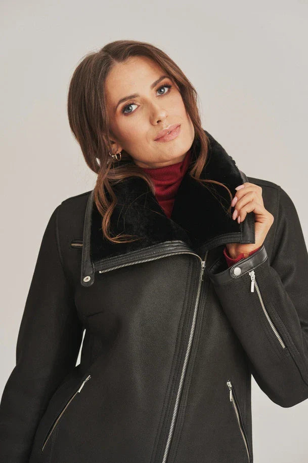 Sowachi Women's Black Sheepskin Biker Shearling Jacket