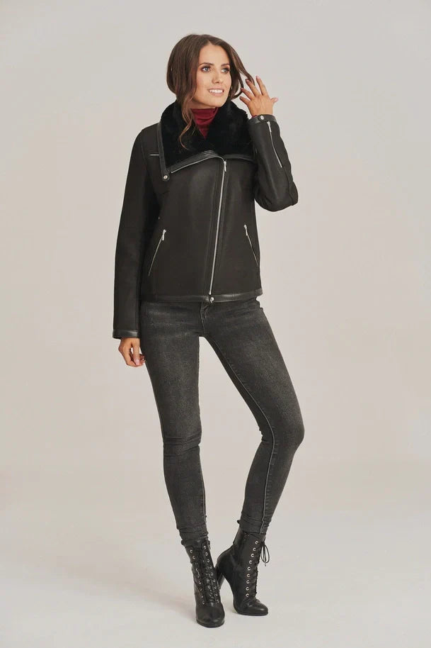 Sowachi Women's Black Sheepskin Biker Shearling Jacket