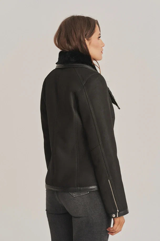 Sowachi Women's Black Sheepskin Biker Shearling Jacket