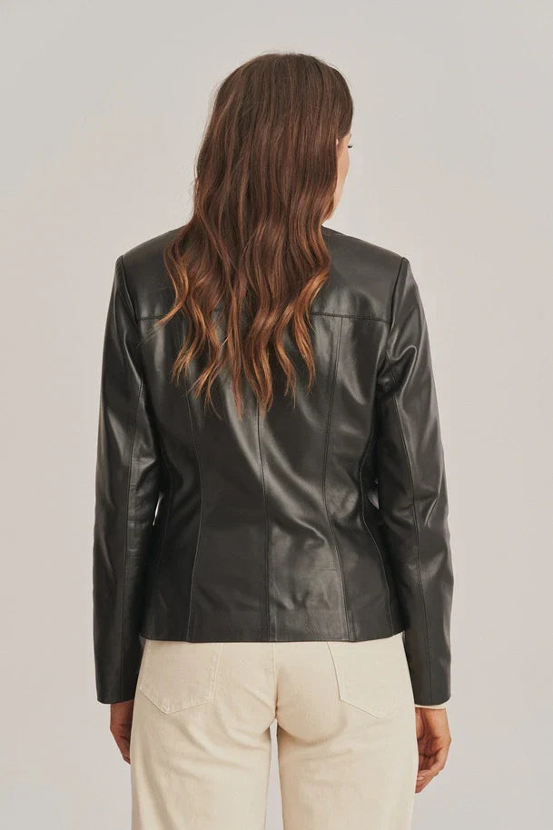 Sowachi Women's Black One Button Leather Blazer