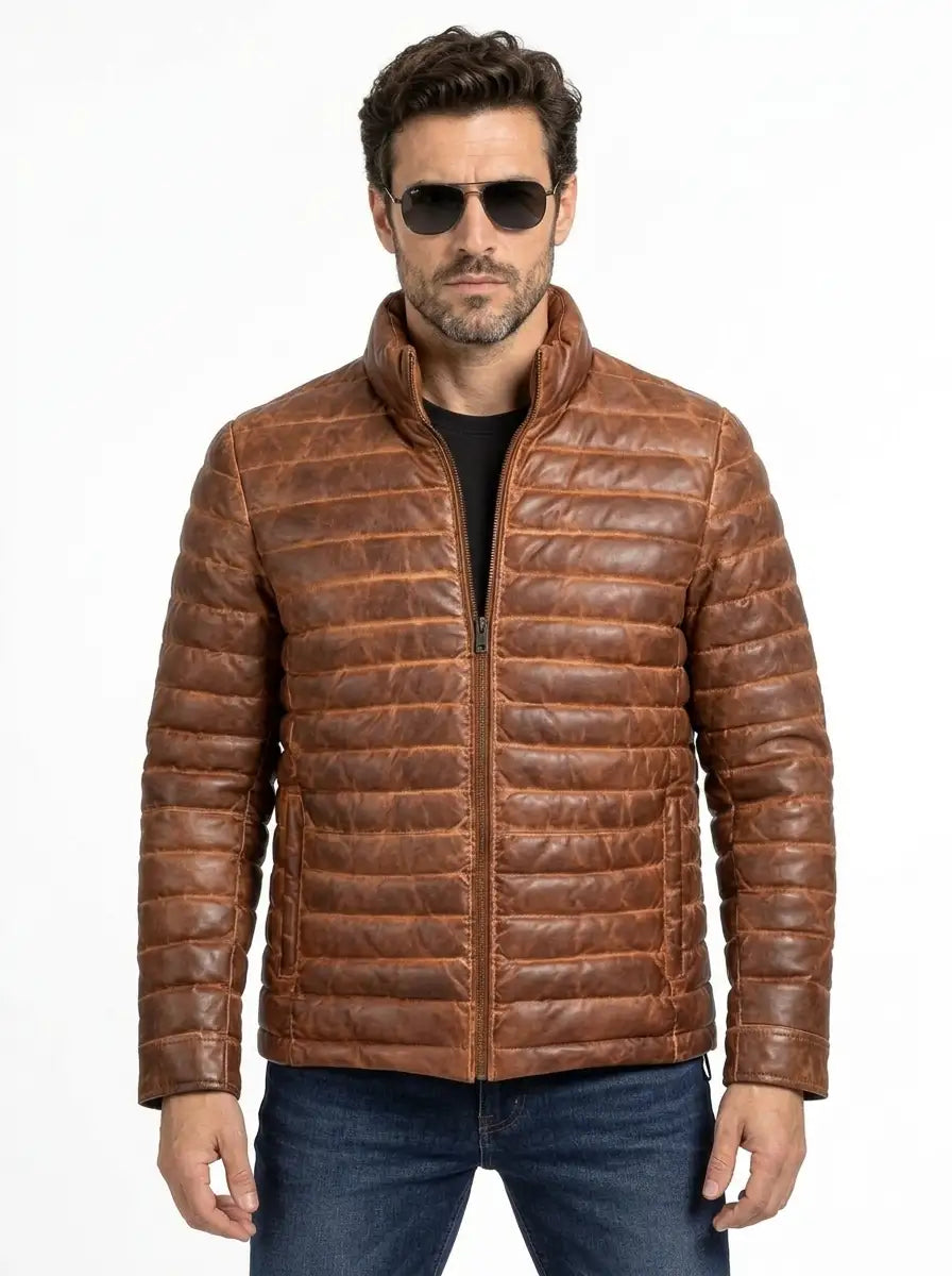Sowachi Ravion - Quilted Dual Tone Brown Leather Puffer Jacket