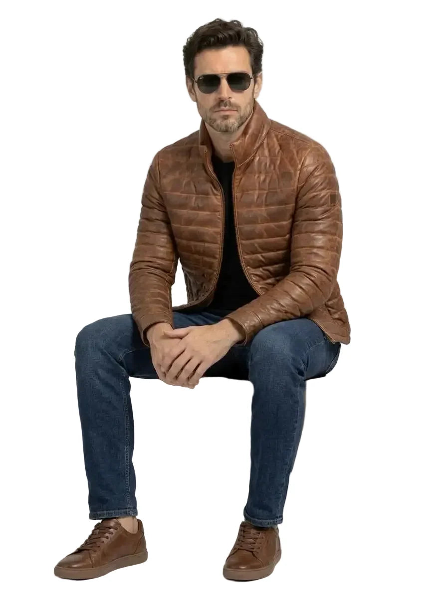 Sowachi Ravion - Quilted Dual Tone Brown Leather Puffer Jacket