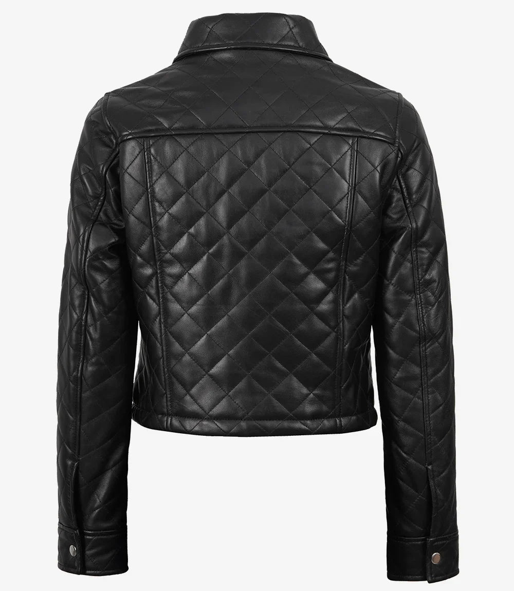 Sowachi Women's Black Cropped Quilted Real Lambskin Leather Jacket