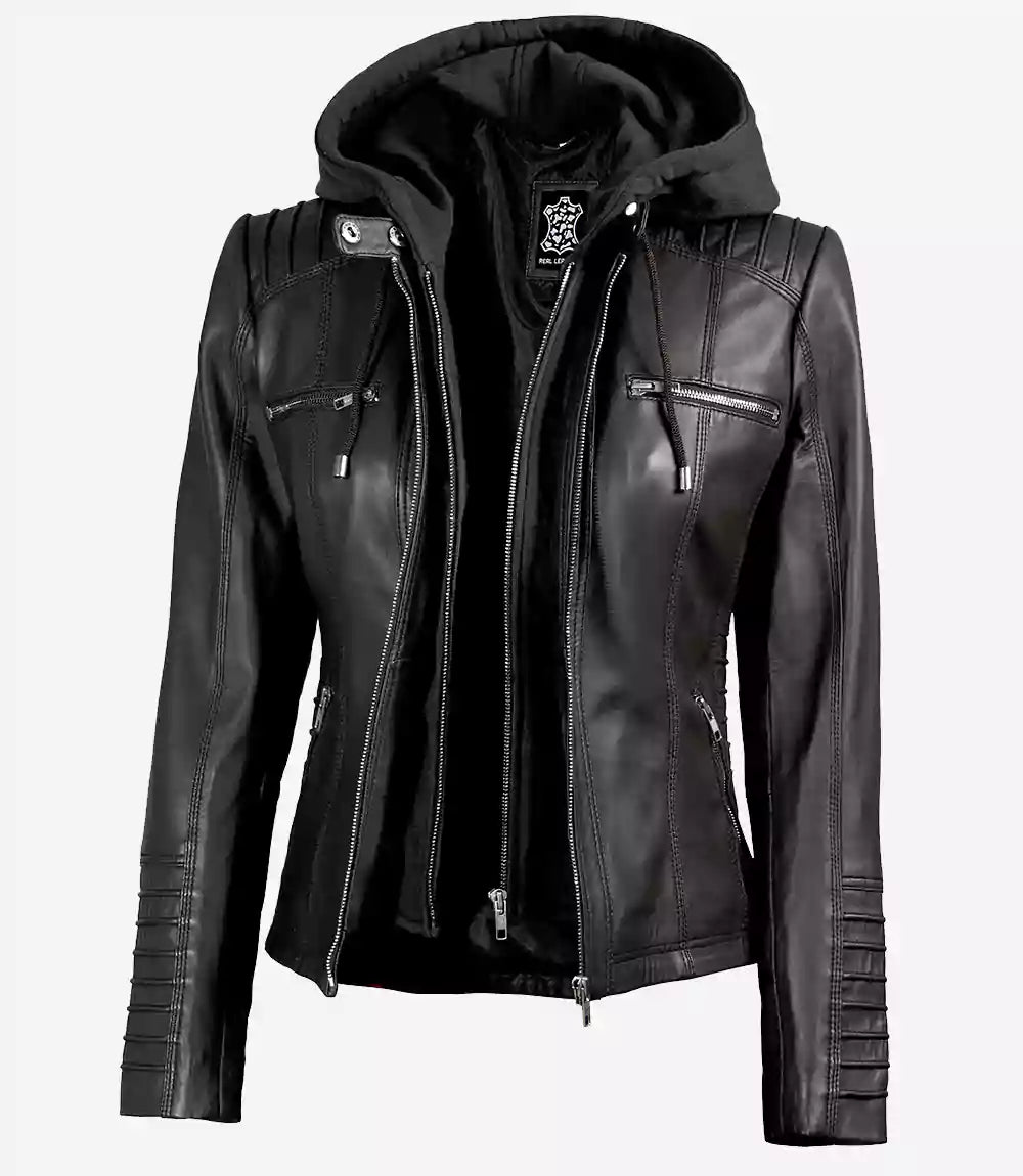 Sowachi Women's Black Sheepskin Leather Jacket with Removable Hood