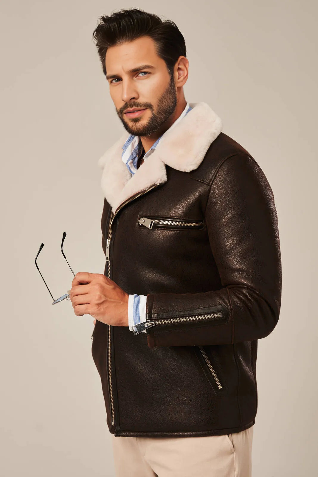 Sowachi B2 Brown Men's Sheepskin Leather Shearling Jacket