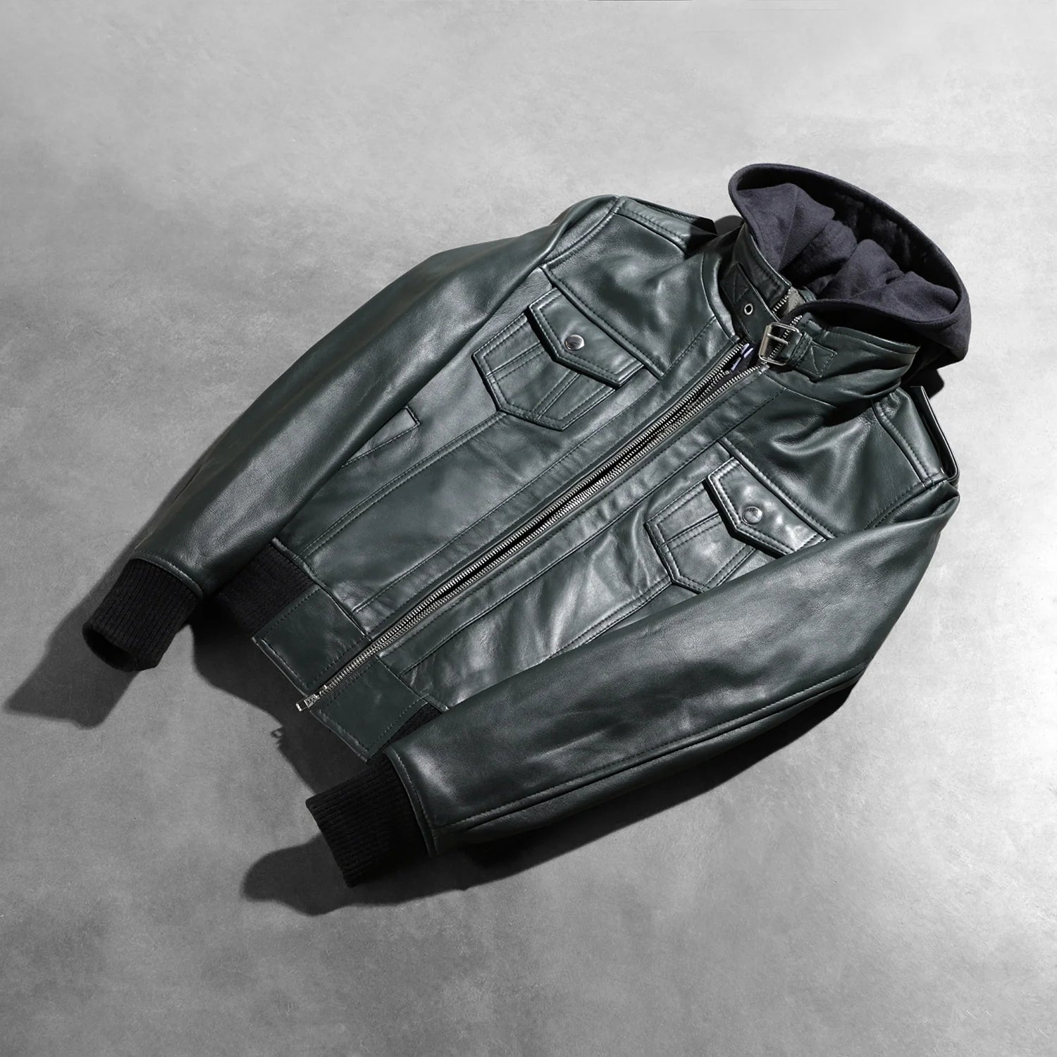 Sowachi Roslyn Green Hooded Leather Bomber Jacket