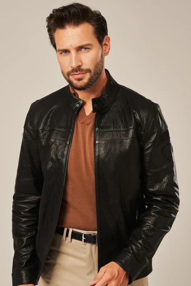 Sowachi Men's Black Leather Cafe Racer Jacket