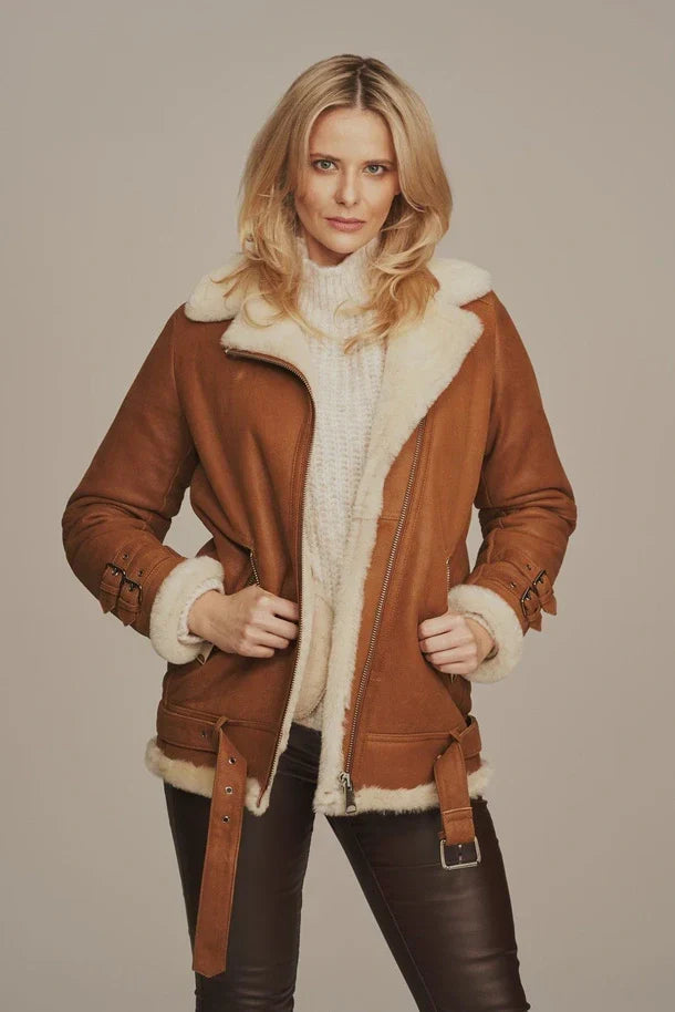 Sowachi Women's Light Brown Aviator Shearling Leather Jacket