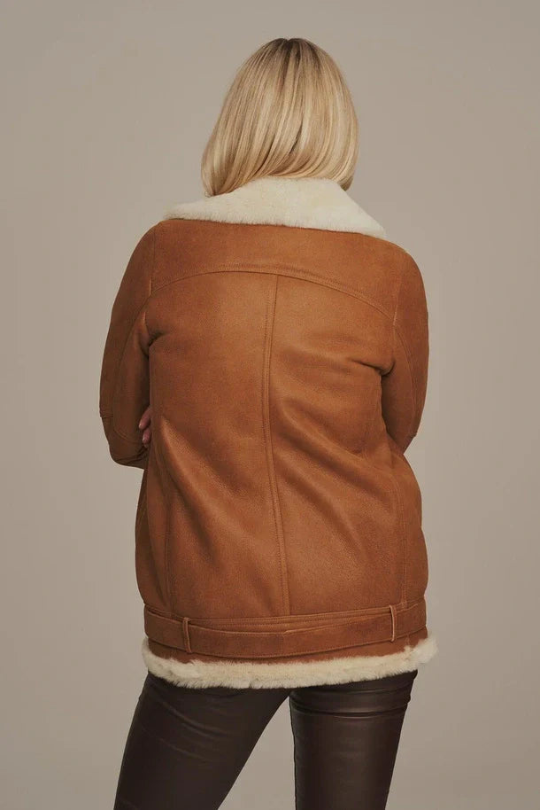 Sowachi Women's Light Brown Aviator Shearling Leather Jacket