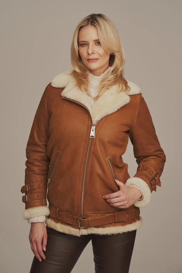 Sowachi Women's Light Brown Aviator Shearling Leather Jacket