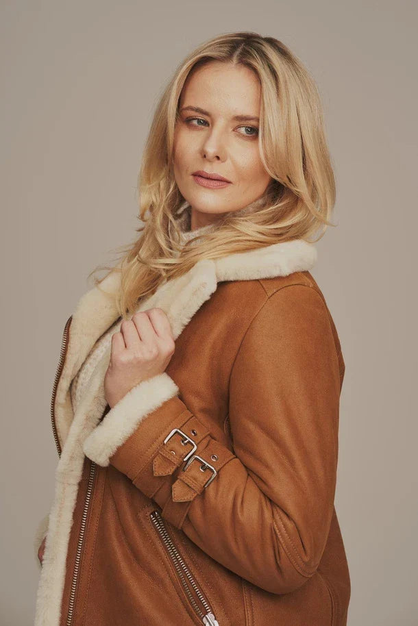 Sowachi Women's Light Brown Aviator Shearling Leather Jacket