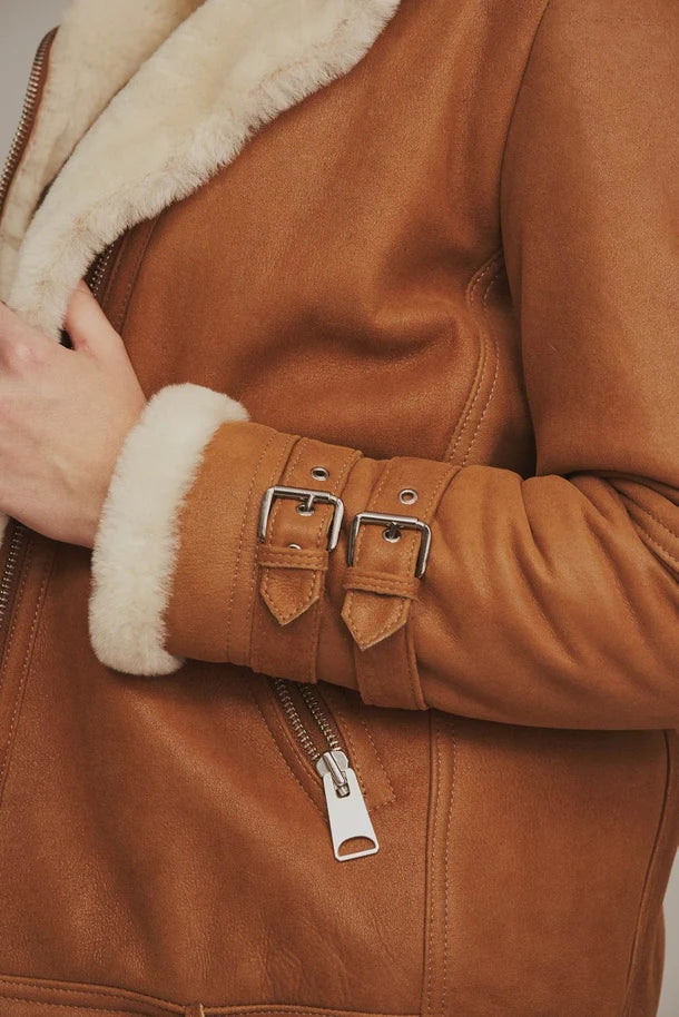 Sowachi Women's Light Brown Aviator Shearling Leather Jacket
