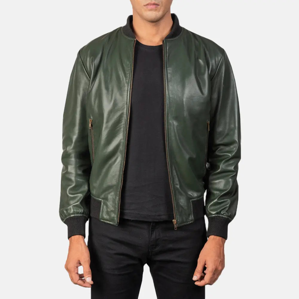 Sowachi Shane Green Leather Bomber Jacket
