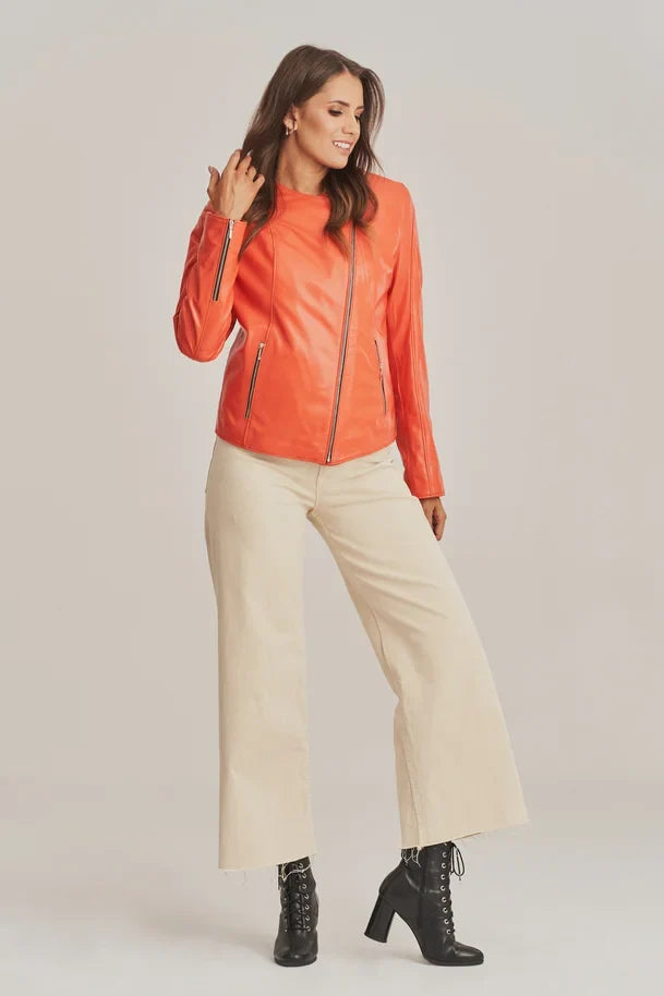 Sowachi Soreya - Women's Sheepskin Collarless Orange Leather Jacket