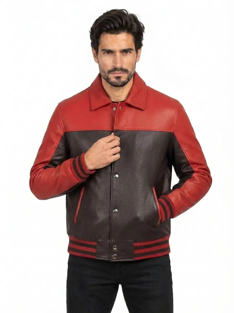 Sowachi Helvian - Red & Black Sheepskin Leather Varsity Jacket
