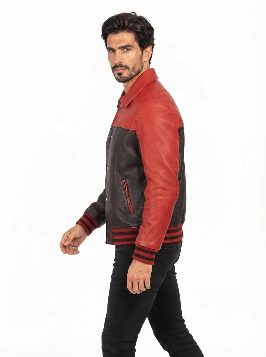 Sowachi Helvian - Red & Black Sheepskin Leather Varsity Jacket