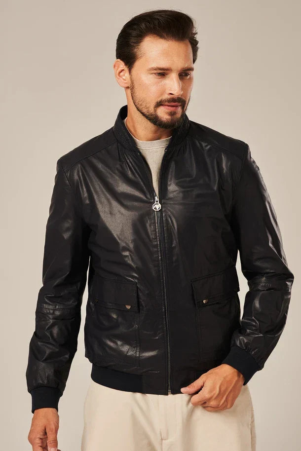 Sowachi Men's Dark Blue Leather Bomber Jacket