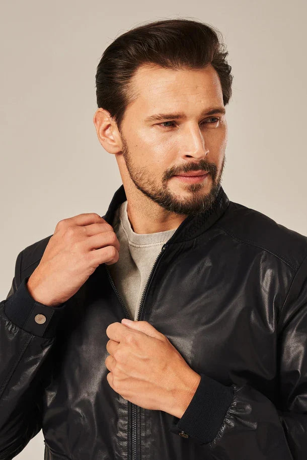 Sowachi Men's Dark Blue Leather Bomber Jacket