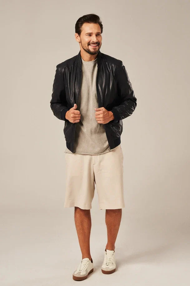 Sowachi Men's Dark Blue Leather Bomber Jacket