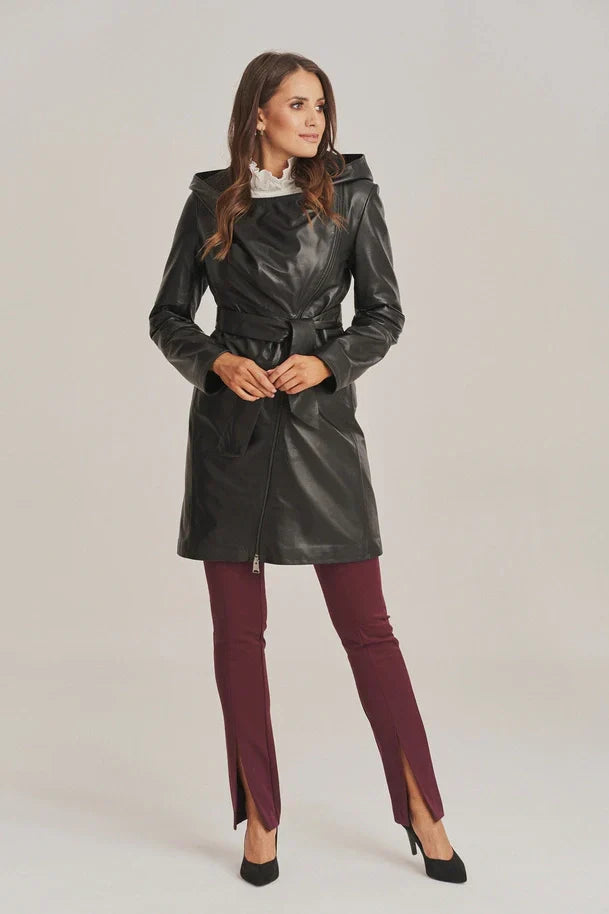 Sowachi Women's Sheepskin Black Leather Coat with Belt
