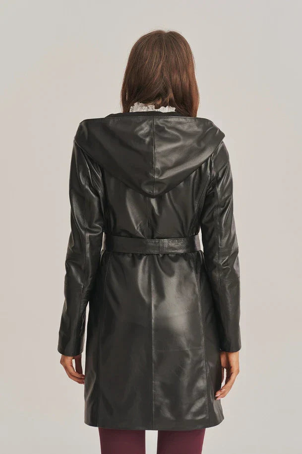 Sowachi Women's Sheepskin Black Leather Coat with Belt