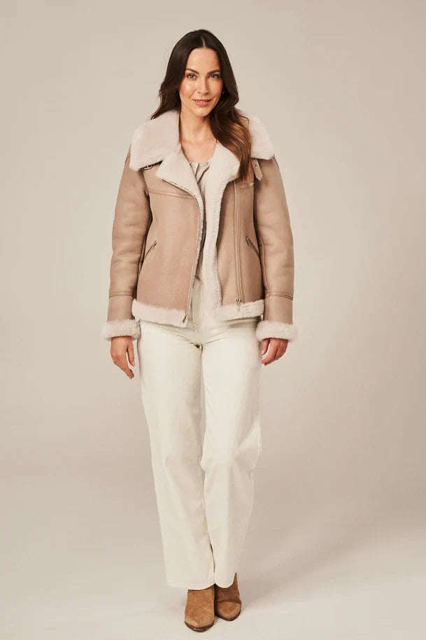 Sowachi Women's Beige Pilot Shearling Jacket