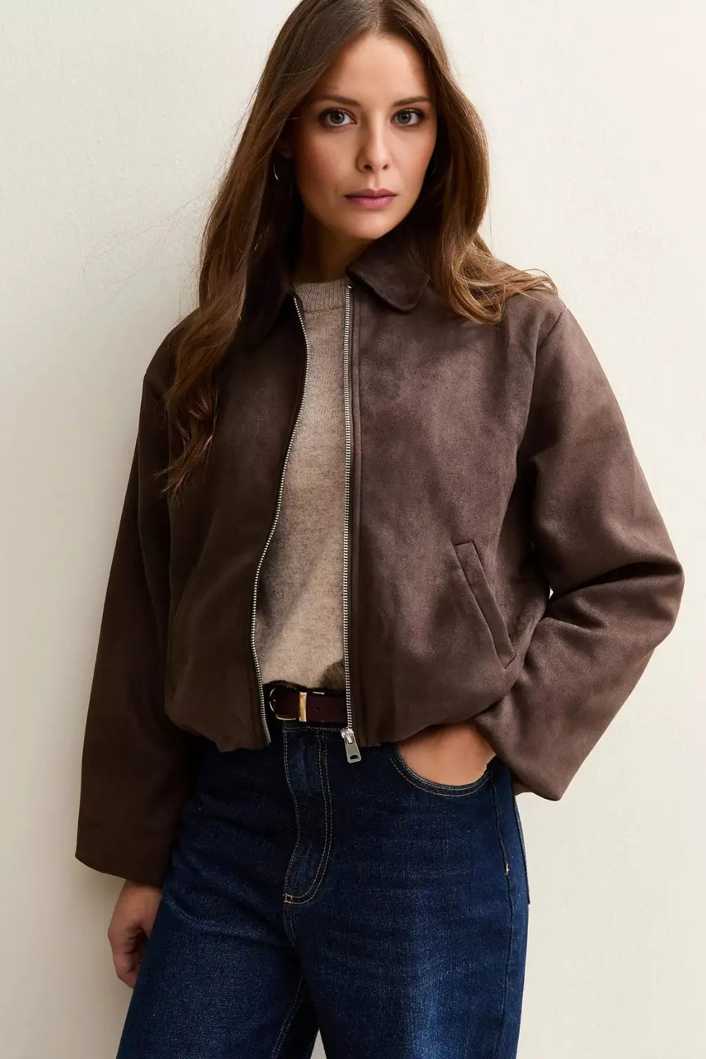 Sowachi Women's Suede Leather Brown Bomber Jacket
