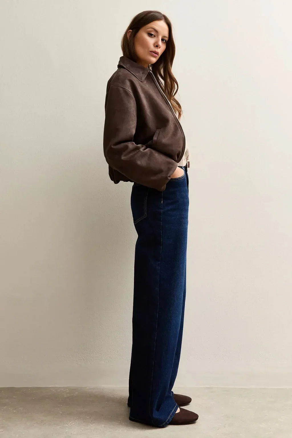 Sowachi Women's Suede Leather Brown Bomber Jacket