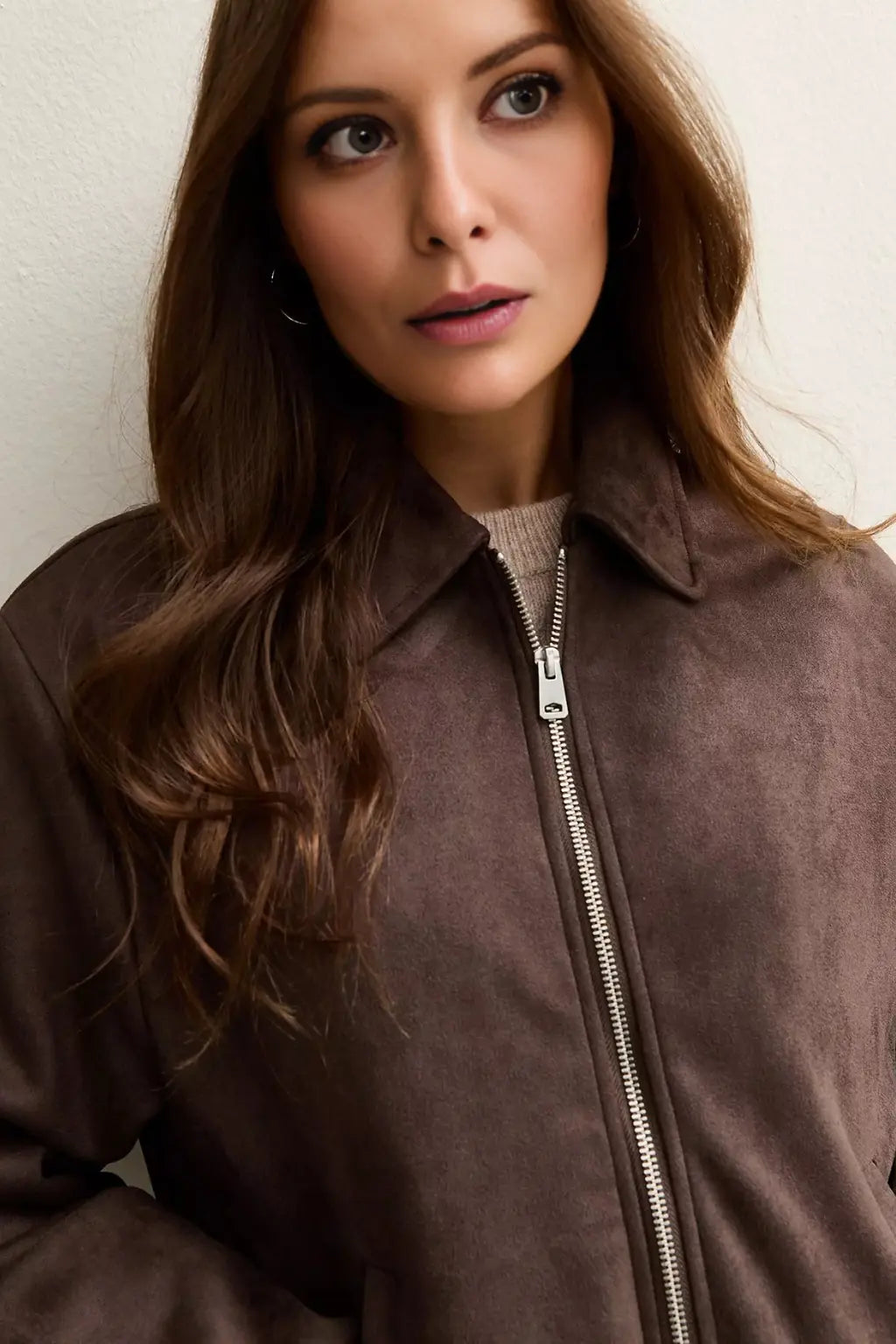 Sowachi Women's Suede Leather Brown Bomber Jacket