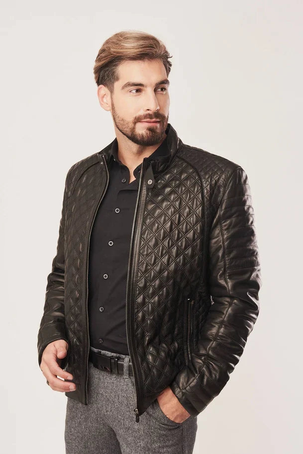 Sowachi Men's Black Sheepskin Leather Quilted Jacket