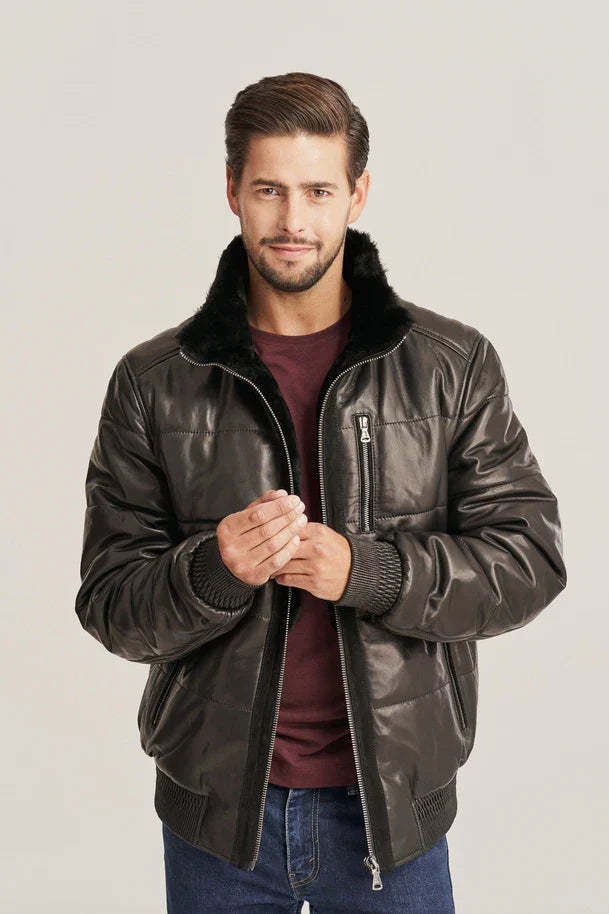 Sowachi Men's Black Bomber Style Hooded Puffer Leather Jacket