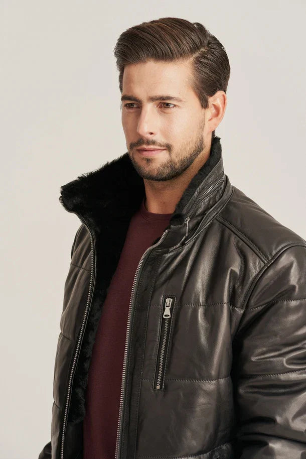 Sowachi Men's Black Bomber Style Hooded Puffer Leather Jacket