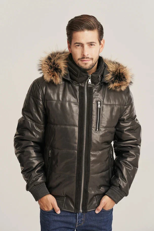 Sowachi Men's Black Bomber Style Hooded Puffer Leather Jacket