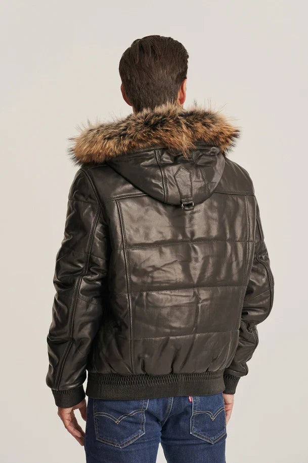 Sowachi Men's Black Bomber Style Hooded Puffer Leather Jacket