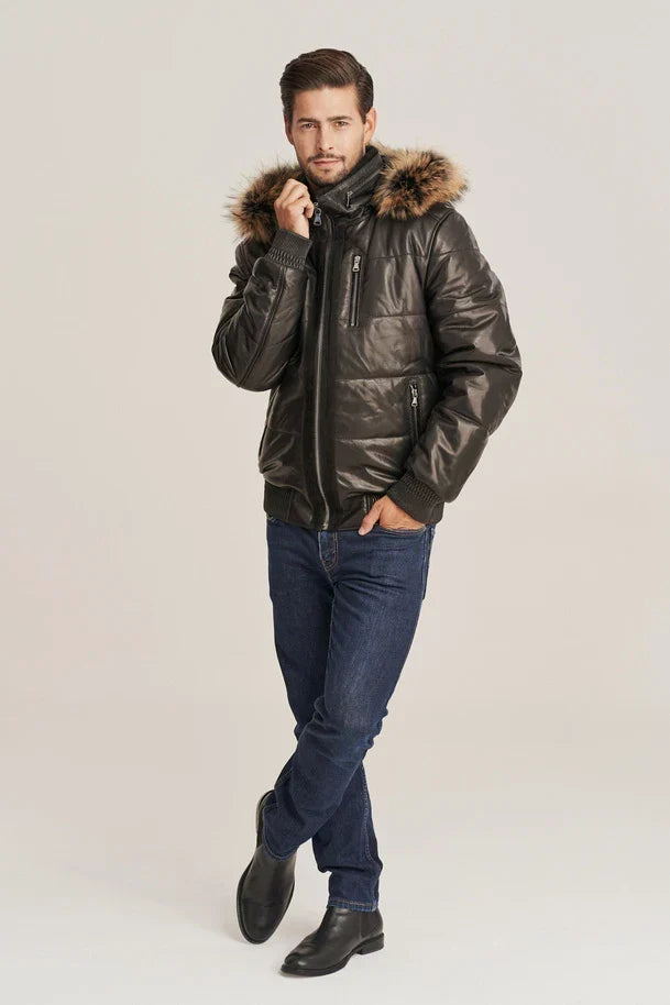 Sowachi Men's Black Bomber Style Hooded Puffer Leather Jacket