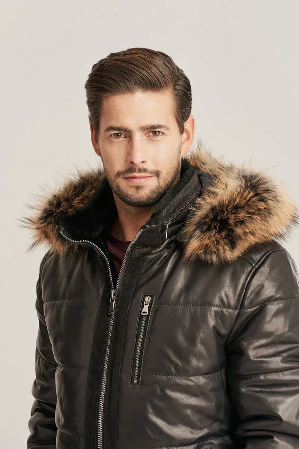 Sowachi Men's Black Bomber Style Hooded Puffer Leather Jacket