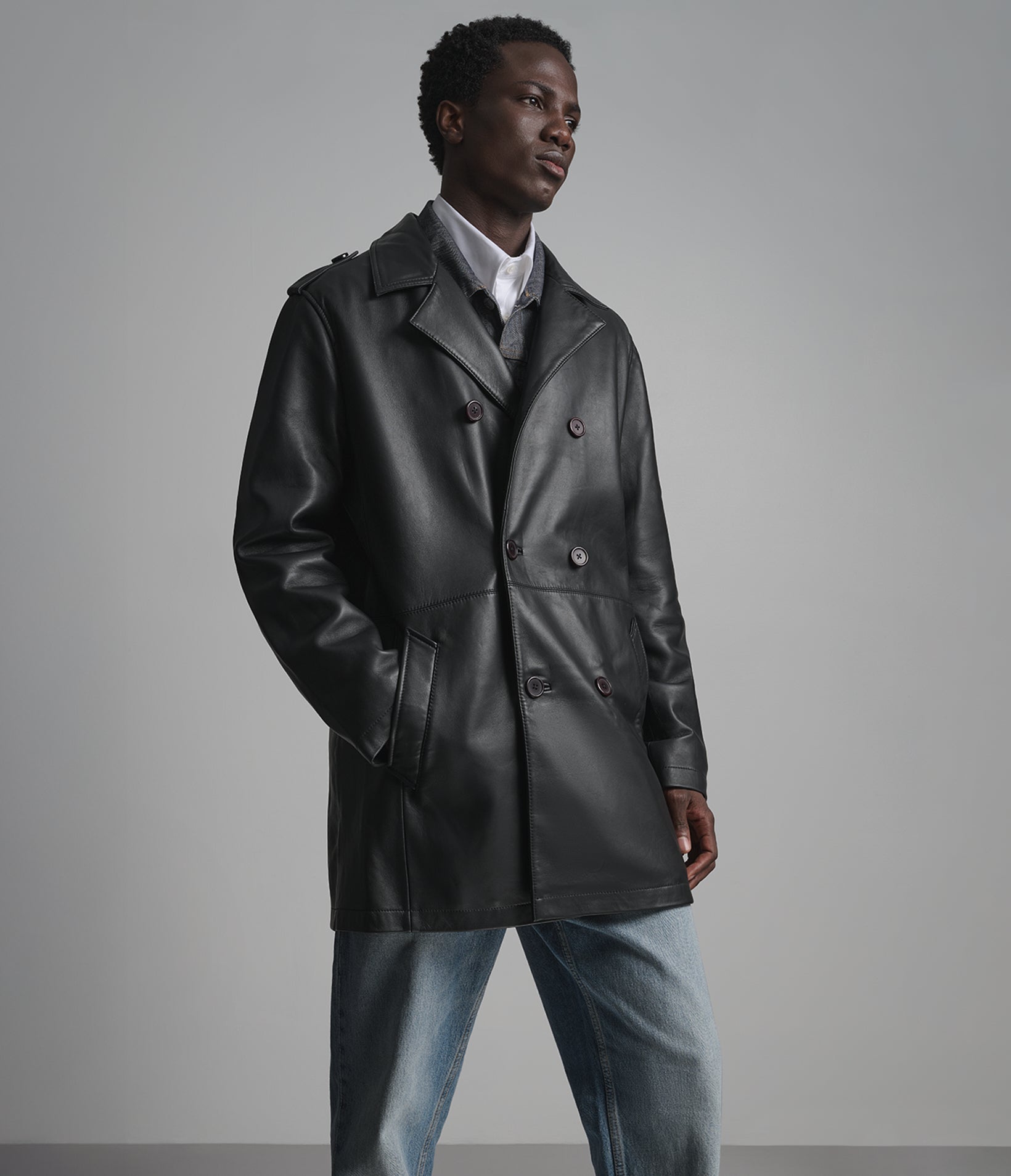 Otto Double-Breasted Short Leather Car Coat